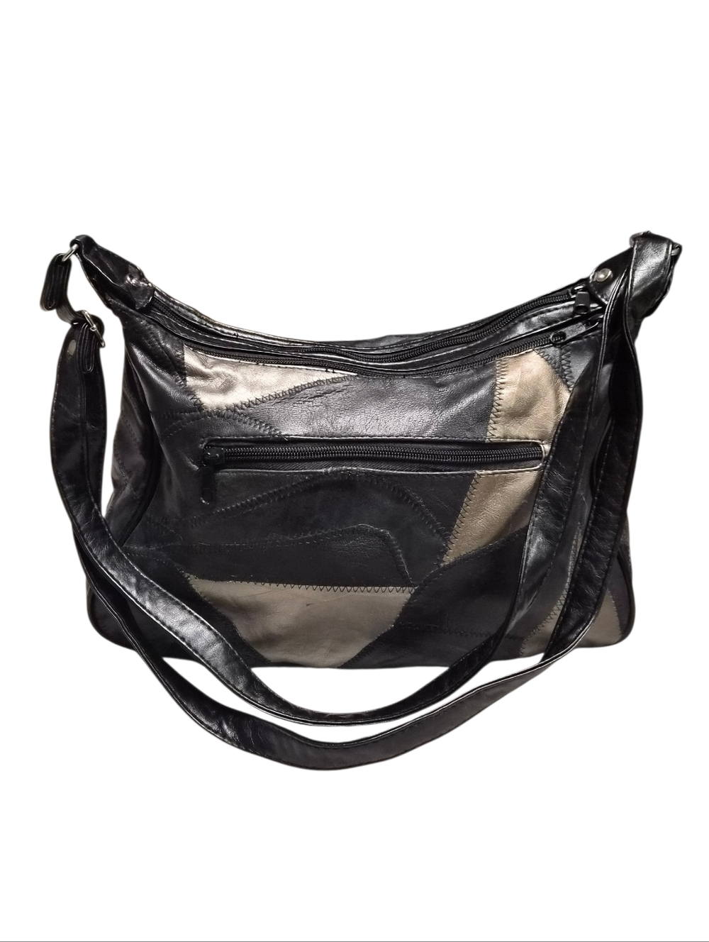 Black Patchwork Faux Leather Shoulder Bag – Multi Zip Compartments